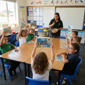 Students playing with printable Matariki bingo cards in a classroom
