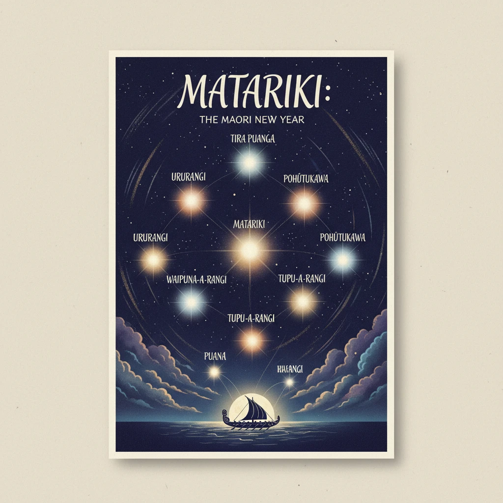 The nine stars of Matariki displayed in the night sky