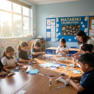 Children engaging in Matariki star crafts in a classroom setting