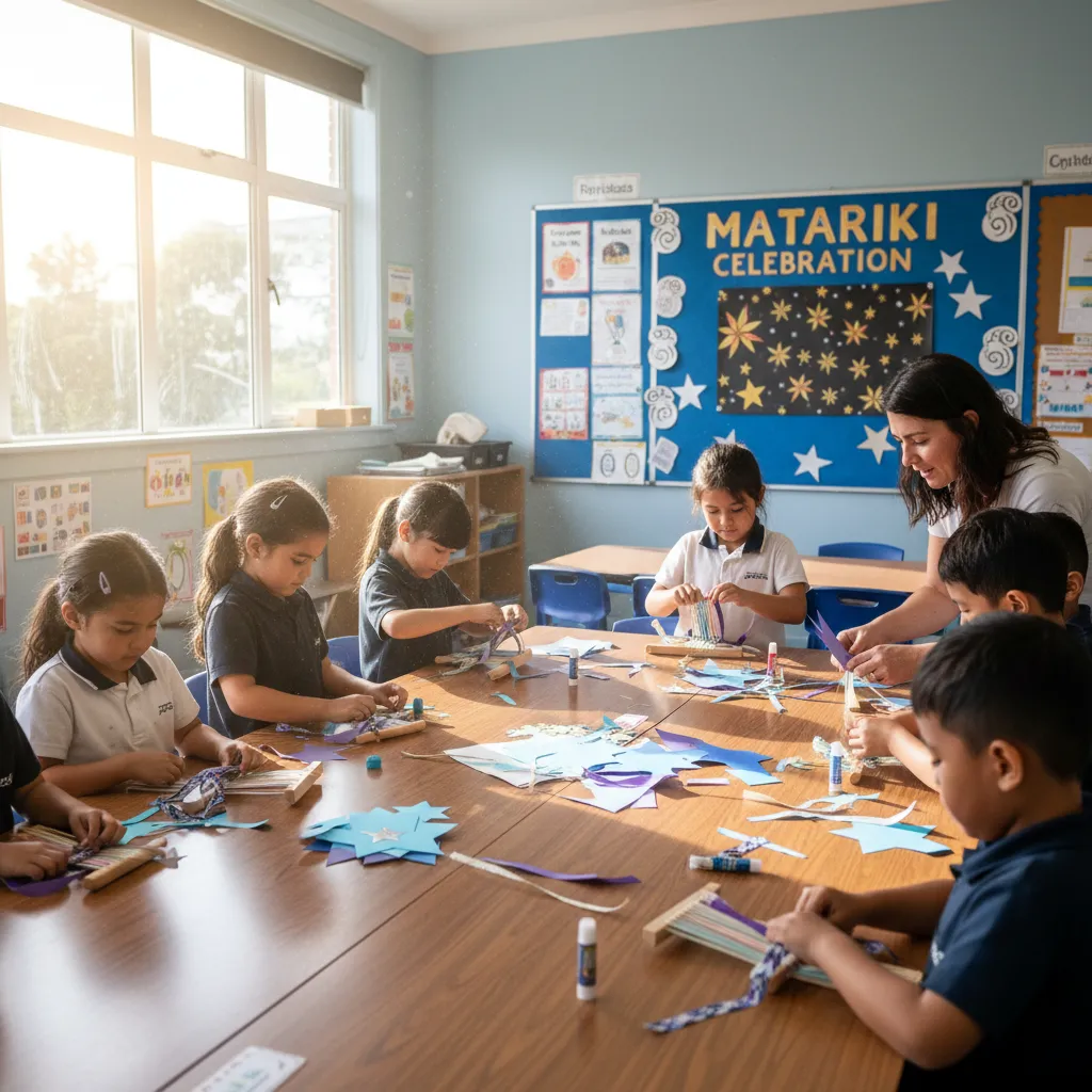 Children engaging in Matariki star crafts in a classroom setting