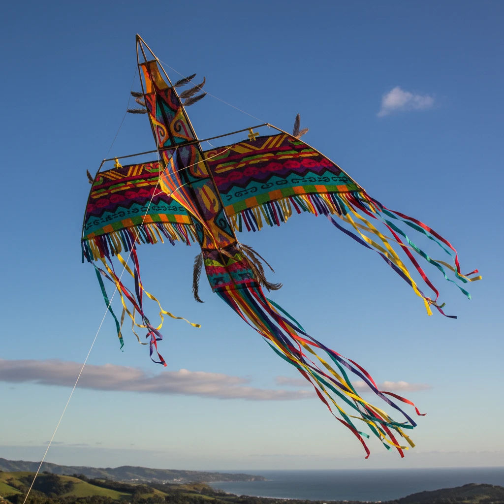 Handmade Manu Tukutuku kite flying in the sky