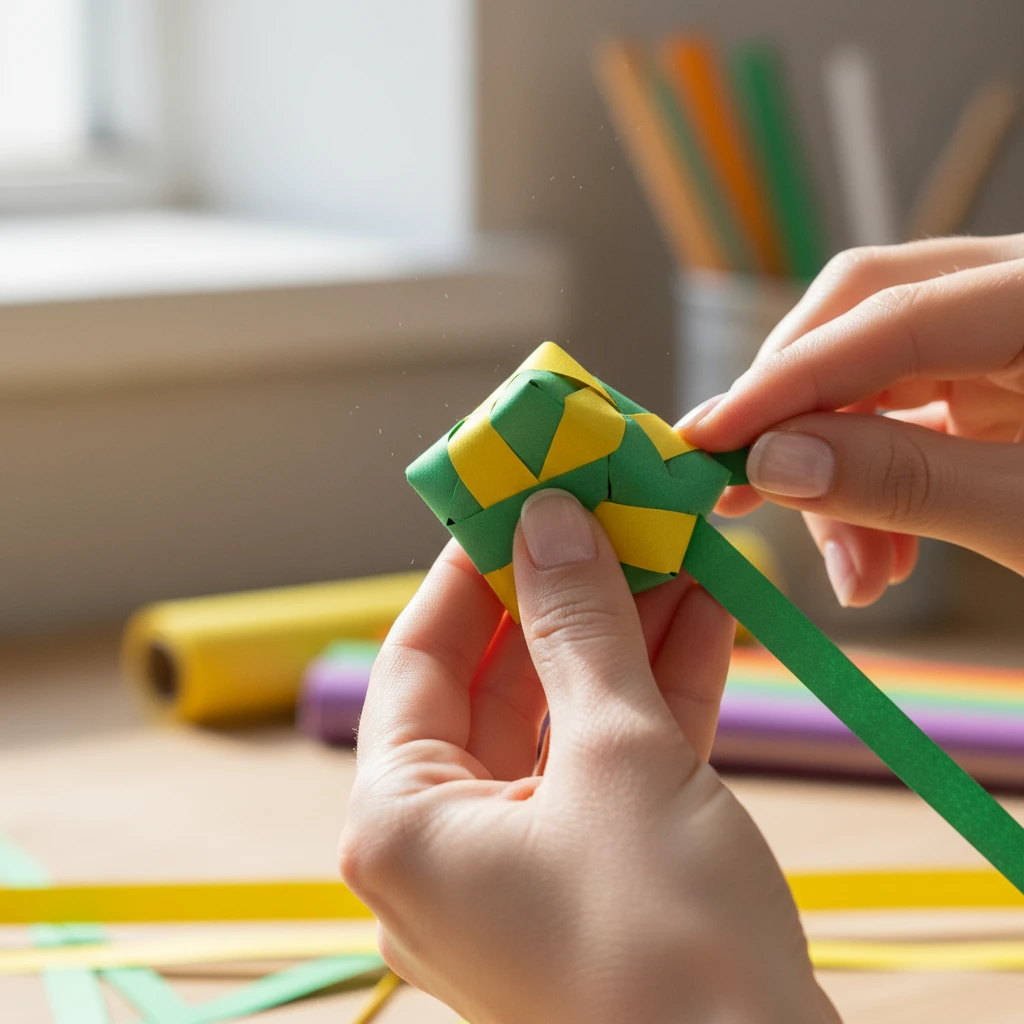 Close up of hands weaving a paper star