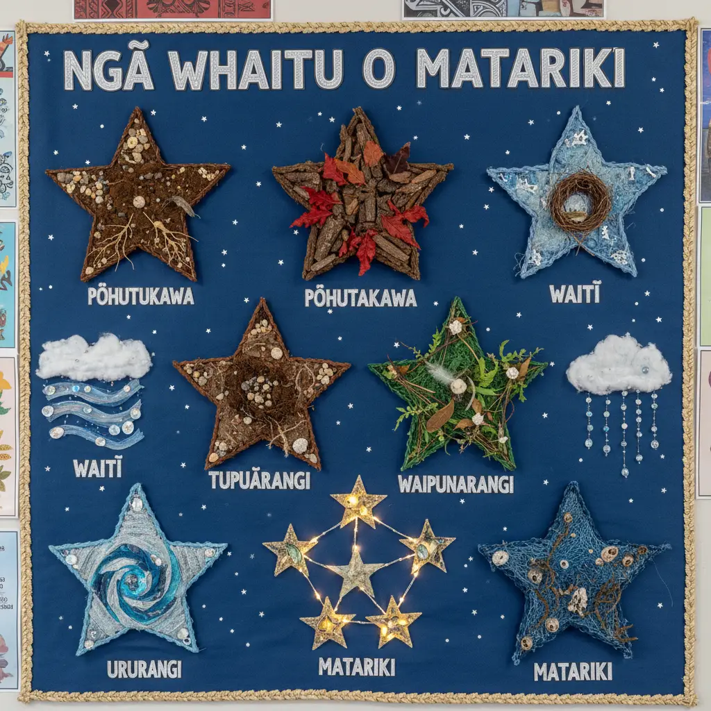 Classroom wall display of the nine Matariki stars