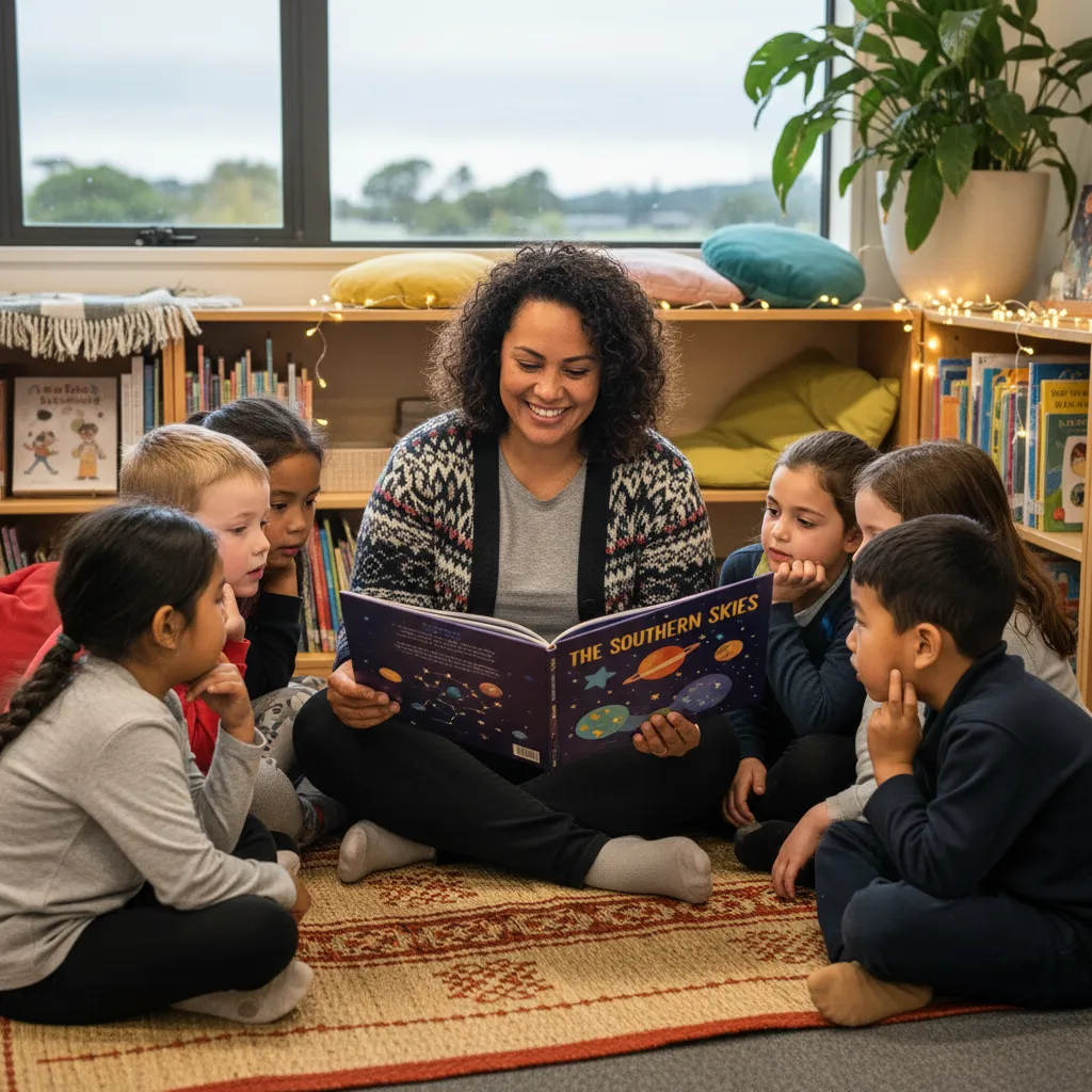 Teacher reading Matariki stories to primary students