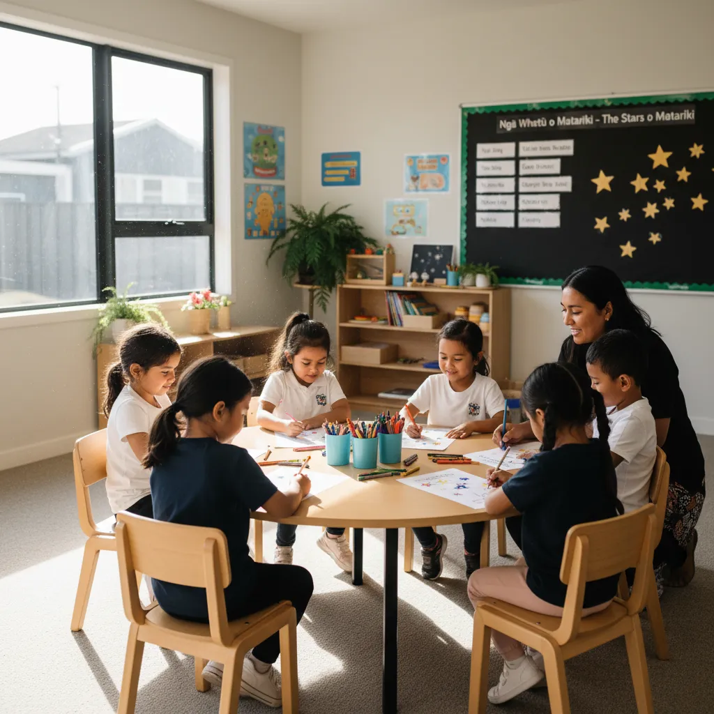 Children in a NZ classroom working on Matariki activity sheets