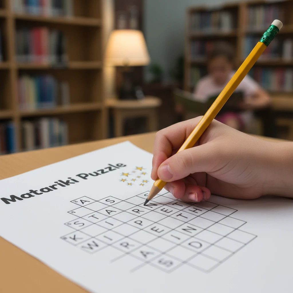 Student completing a Matariki crossword puzzle