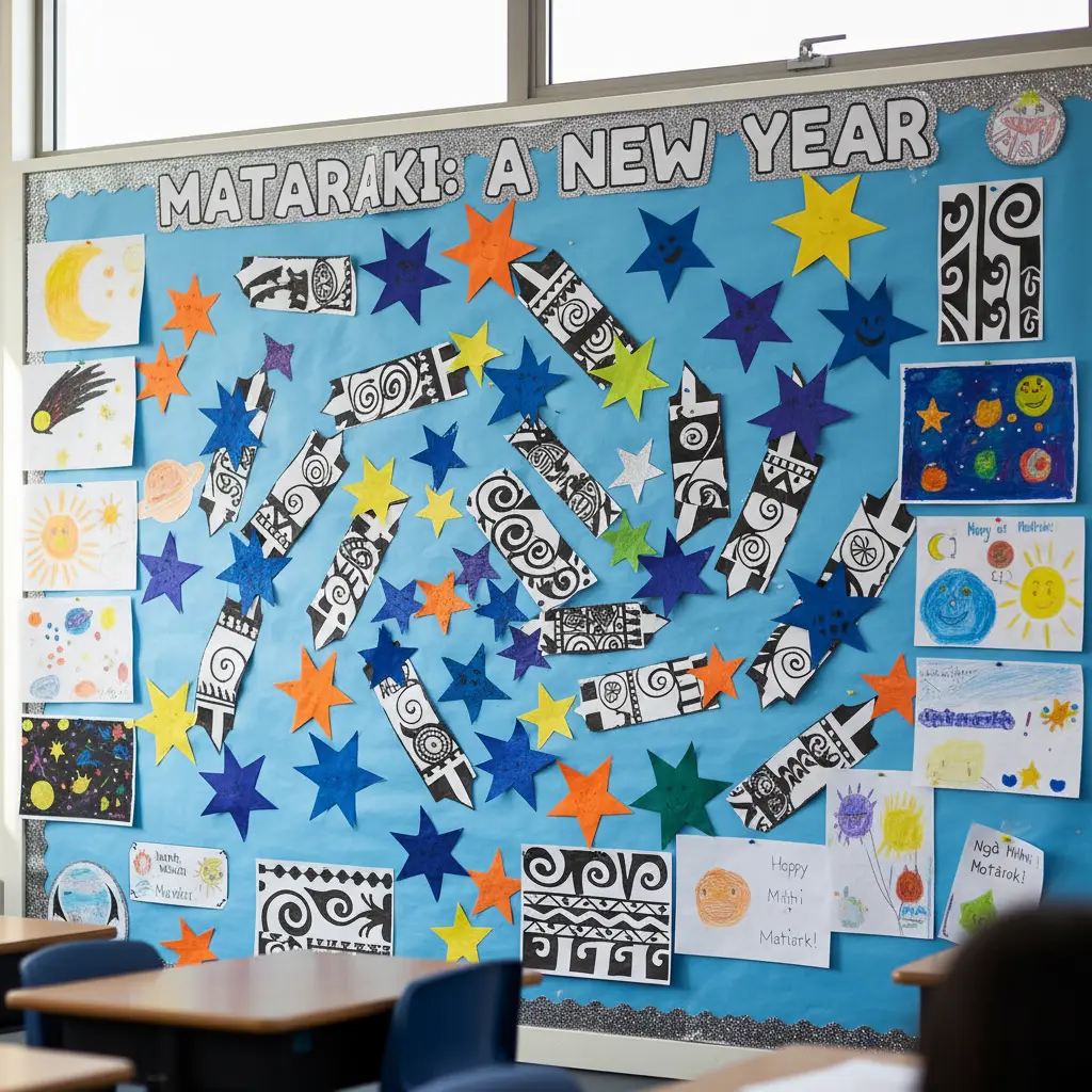 Classroom wall display of Matariki stars