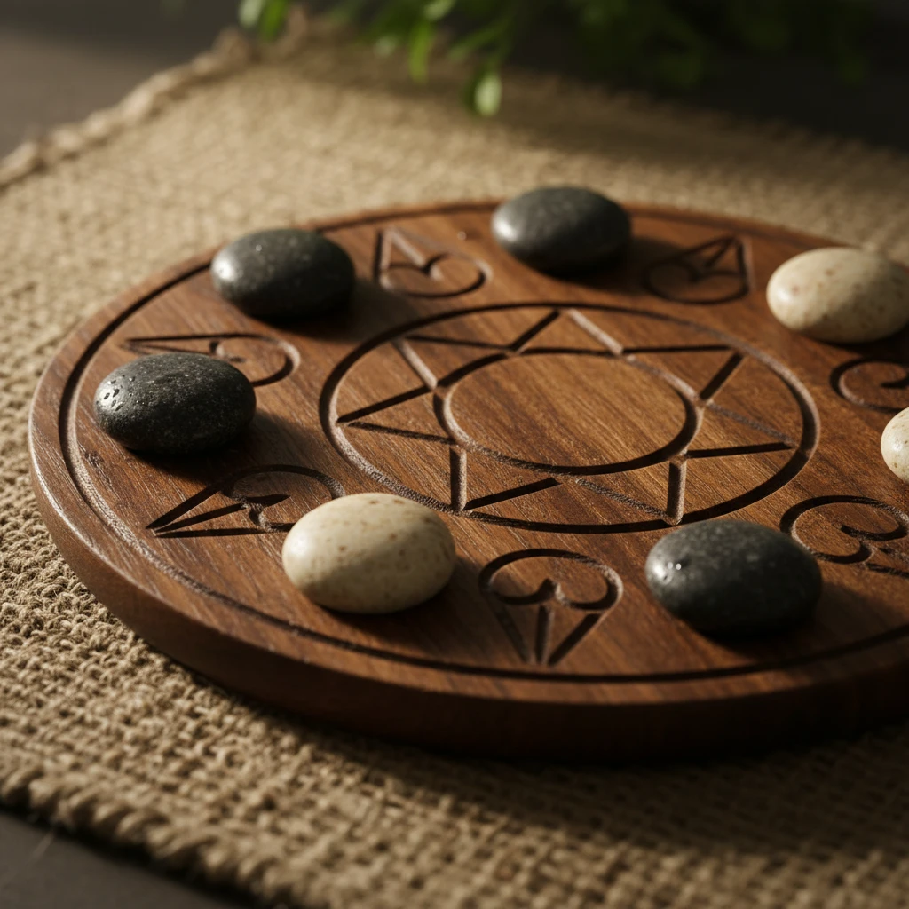 Traditional Mū Tōrere board game setup with stones