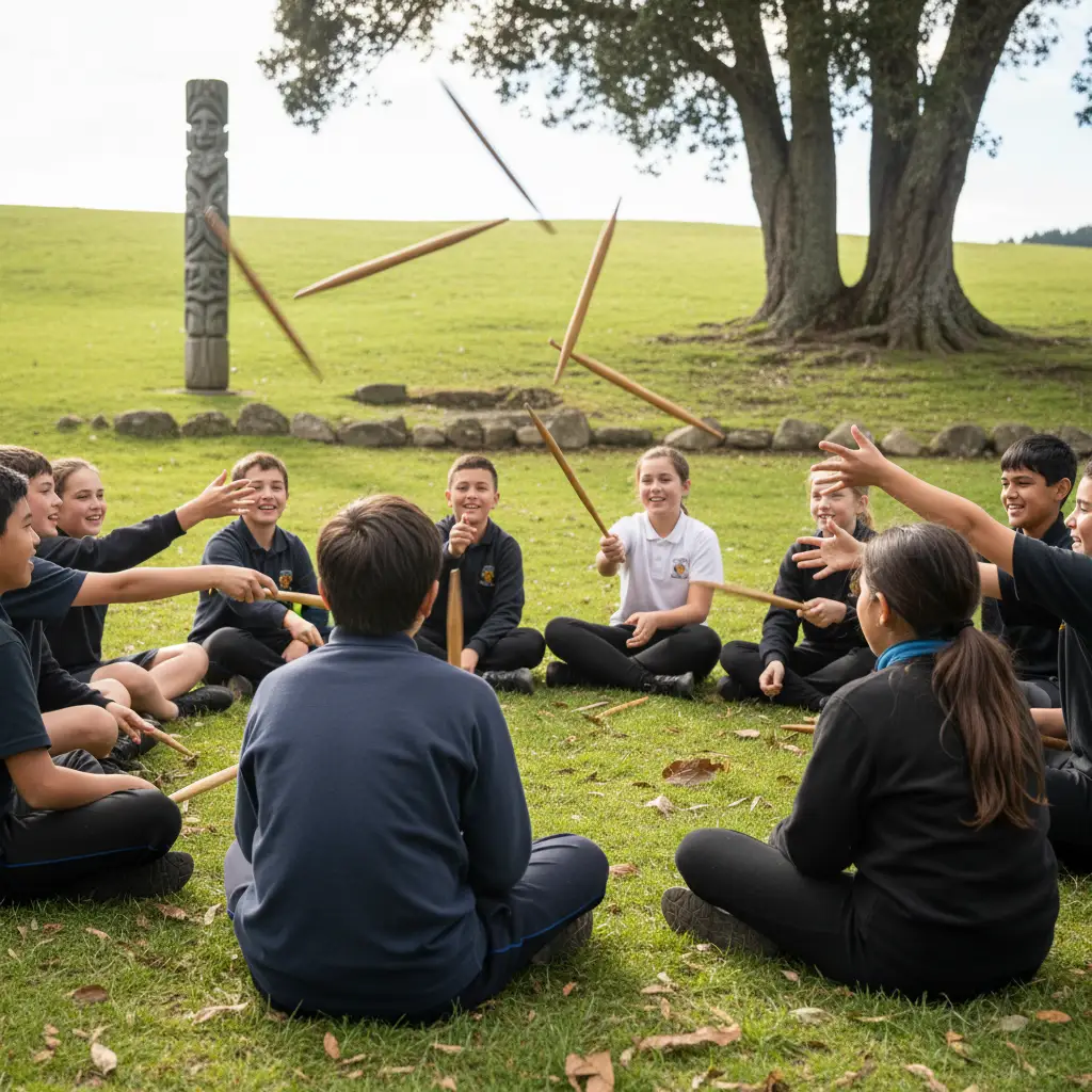 Group playing Tī Rākau stick games