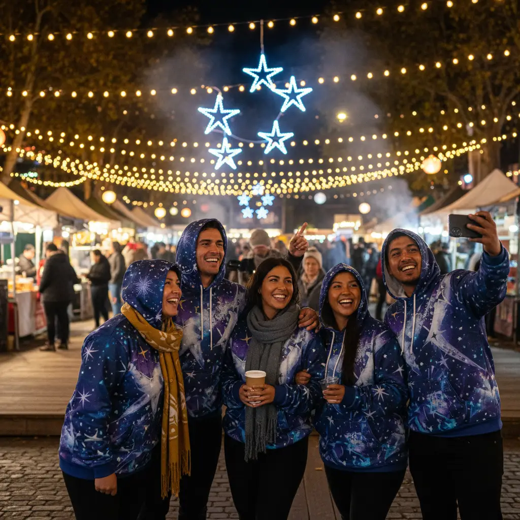 People wearing Matariki streetwear at a night market