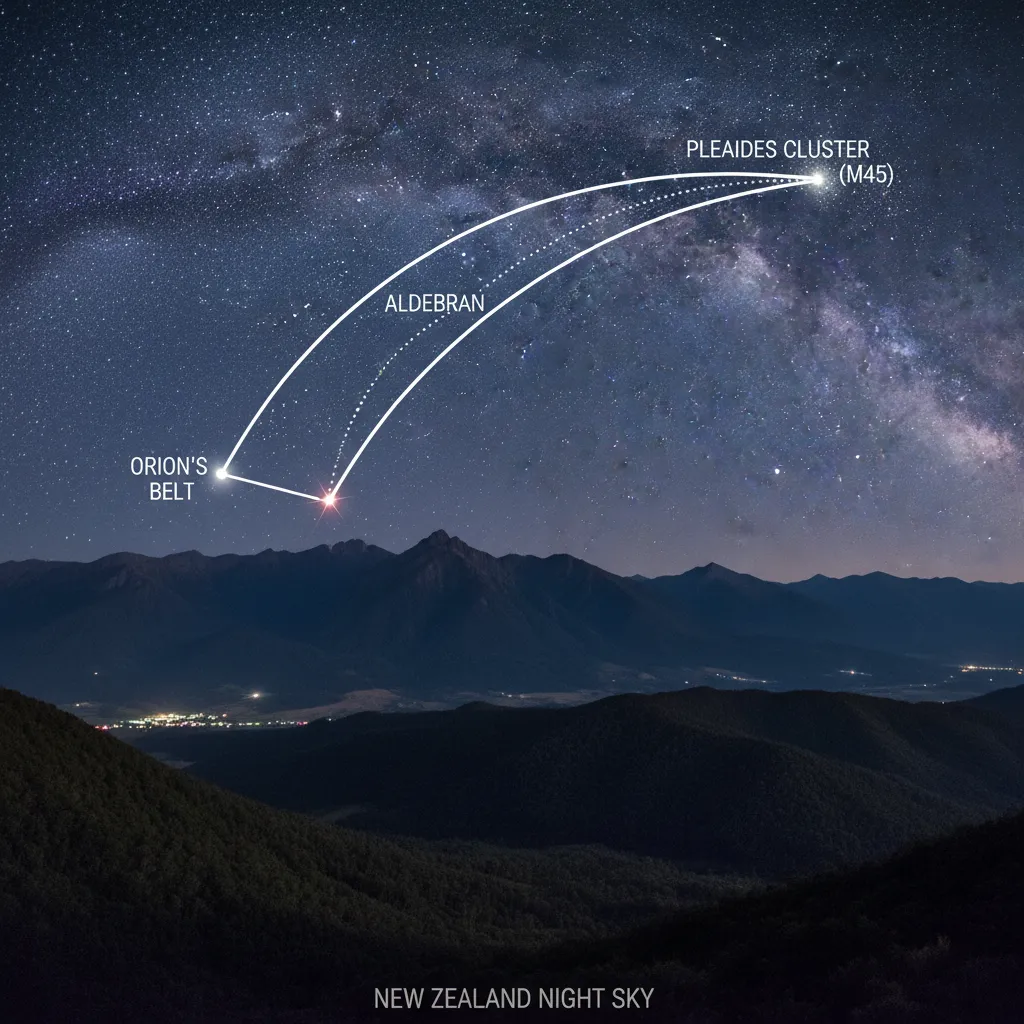 Star map showing how to find Matariki using Orion's Belt