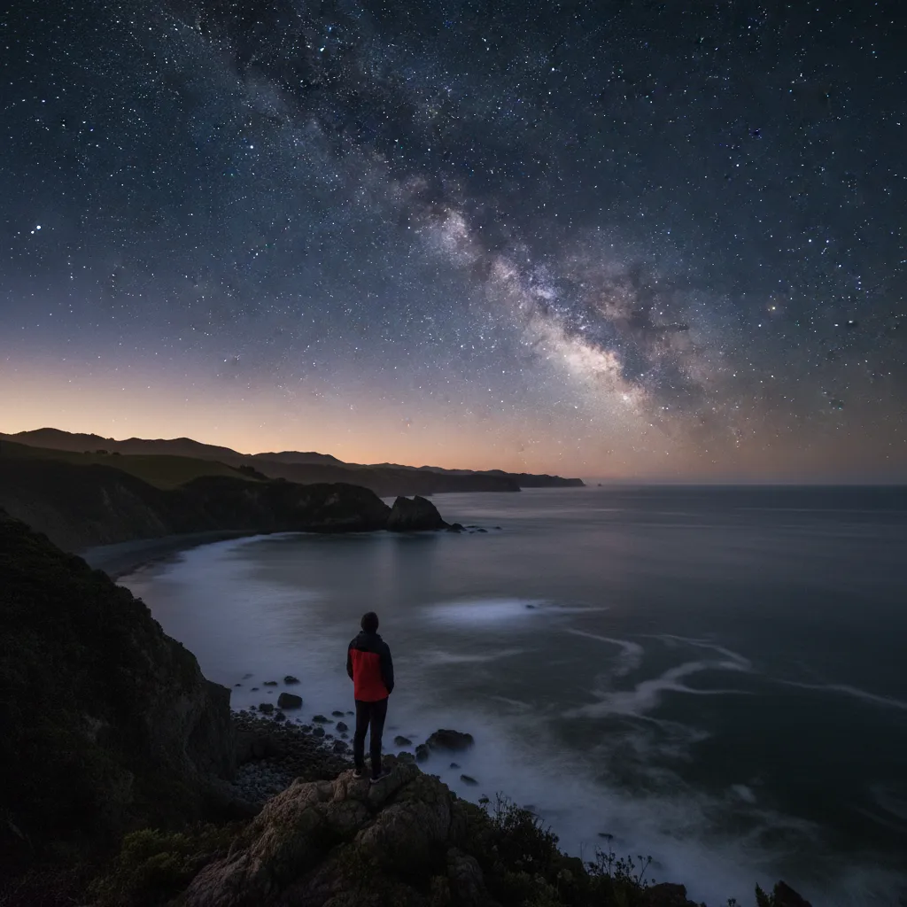 Person stargazing at dawn on a New Zealand beach
