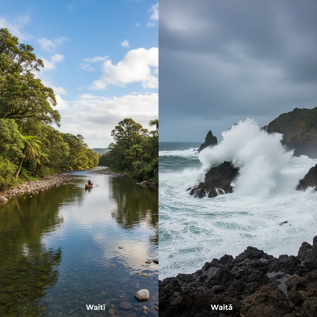 Contrast between freshwater river and ocean coastline
