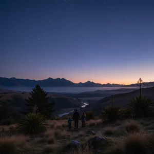 Matariki stars in the pre-dawn sky over a New Zealand landscape