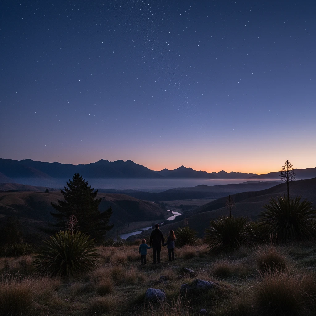 Matariki stars in the pre-dawn sky over a New Zealand landscape